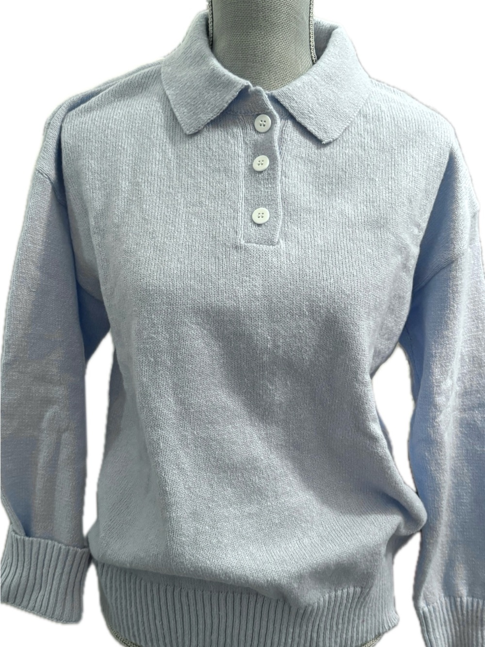 Powder Blue Collared Knit Polo Sweater Beautiful Color Dress up or down! NEW